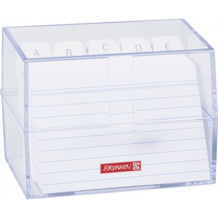 Transparente Karteibox mit alphabetischen Trennblättern, linierten Karten und BRUNNEN-Label auf der Vorderseite.