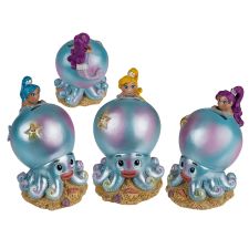Vier Oktopus-Spardosen mit sitzenden Meerjungfrauen, jede mit unterschiedlich gefärbten Haaren.