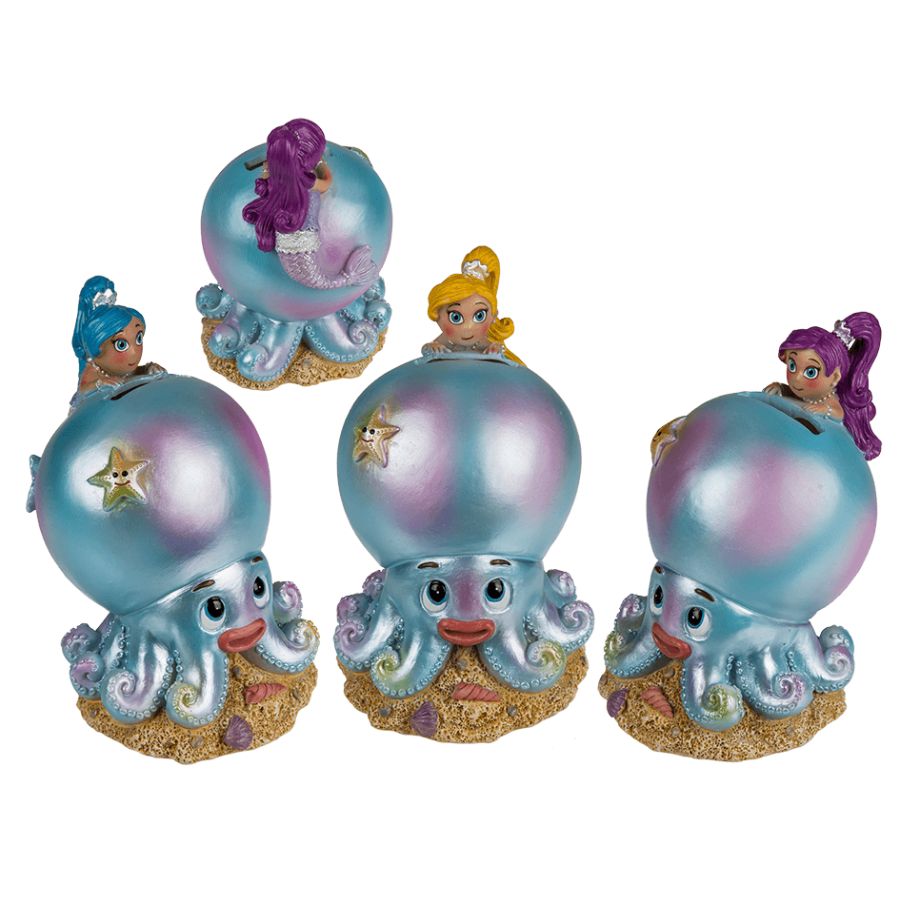 Vier Oktopus-Spardosen mit sitzenden Meerjungfrauen, jede mit unterschiedlich gefärbten Haaren.