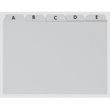 Grauer Registerteiler mit fünf Registern, beschriftet von links nach rechts: A, B, C, D und E.