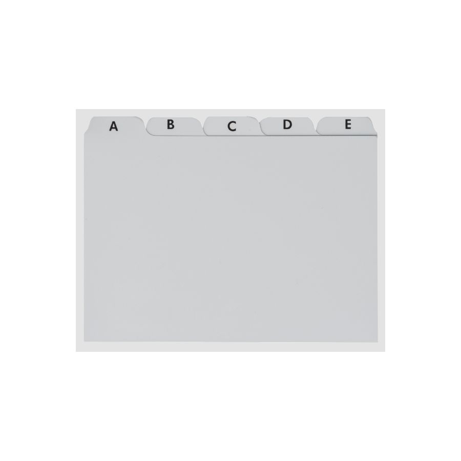 Grauer Registerteiler mit fünf Registern, beschriftet von links nach rechts: A, B, C, D und E.