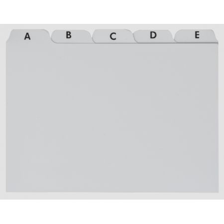 Grauer Registerteiler mit fünf Registern, beschriftet von links nach rechts: A, B, C, D und E.