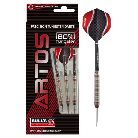 Drei Bulls Artos Darts (80% Wolfram) in Verpackung mit rot-schwarzem und silbernem Design sowie Branding.