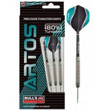 Drei silberne Darts mit schwarz-türkisen Flights in Verpackung mit Aufschrift ARTOS Precision Tungsten Darts 80%.