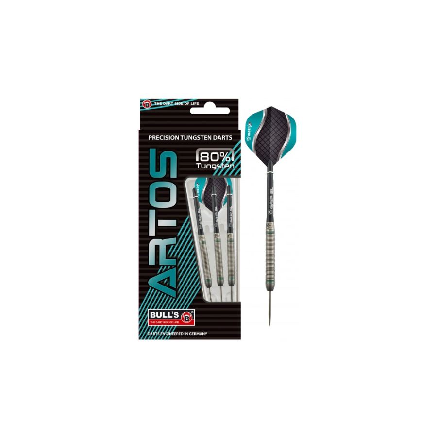 Drei silberne Darts mit schwarz-türkisen Flights in Verpackung mit Aufschrift ARTOS Precision Tungsten Darts 80%. Drei silberne Darts mit schwarz-türkisen Flights in Verpackung mit Aufschrift ARTOS Precision Tungsten Darts 80%.