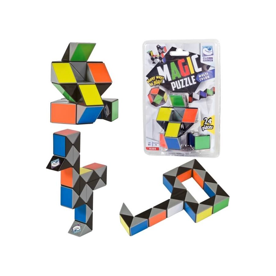 Buntes Snake-Twist-Puzzle in verschiedenen Formen, Verpackung zeigt "Magic Puzzle" mit 24 Teilen.