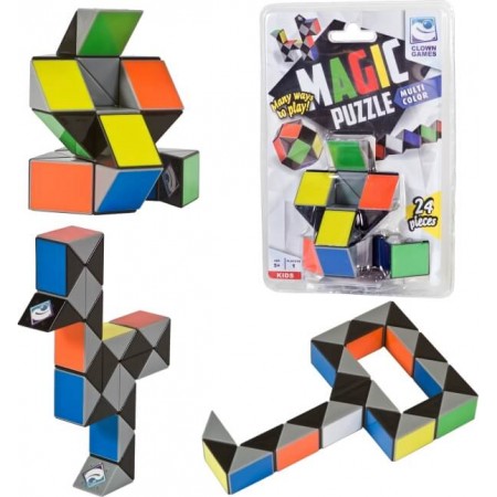 Buntes Snake-Twist-Puzzle in verschiedenen Formen, Verpackung zeigt "Magic Puzzle" mit 24 Teilen.