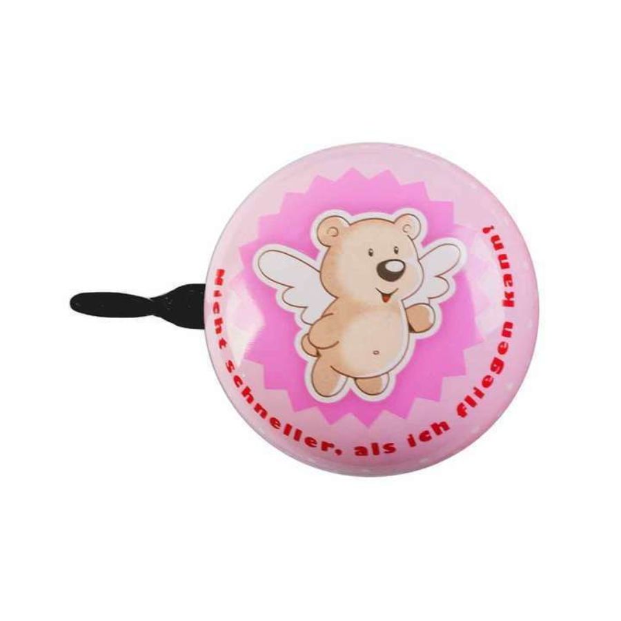 Rosa Fahrradklingel mit Flügel-Teddybär-Motiv und deutschem Schriftzug am Rand.