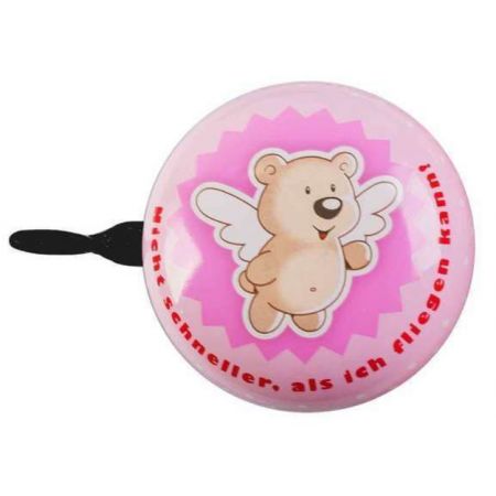 Rosa Fahrradklingel mit Flügel-Teddybär-Motiv und deutschem Schriftzug am Rand.