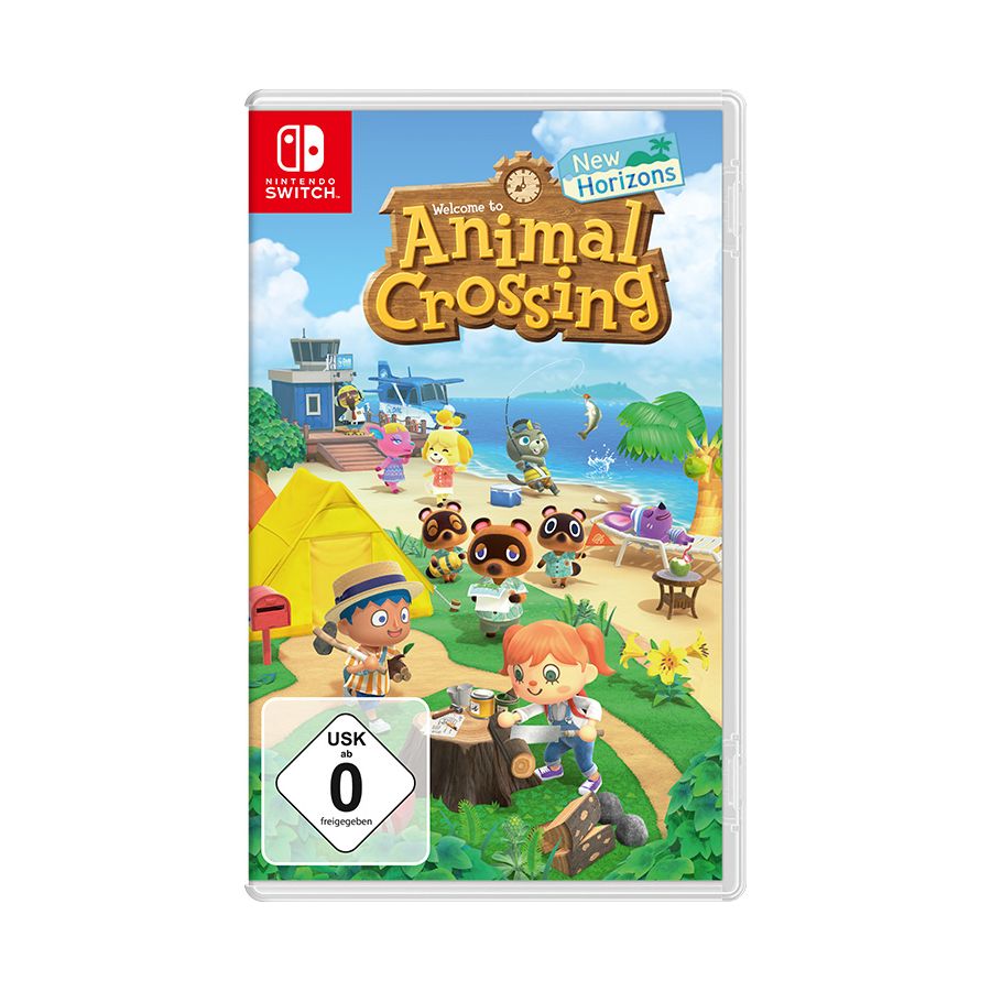 Cover von Animal Crossing: New Horizons für Nintendo Switch mit Tierbewohnern auf einer tropischen Insel. Cover von Animal Crossing: New Horizons für Nintendo Switch mit Tierbewohnern auf einer tropischen Insel.