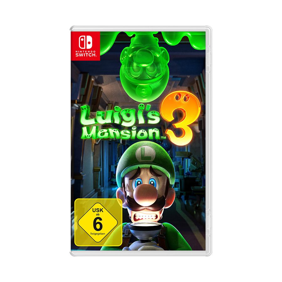 Das Cover von Luigis Mansion 3 für Nintendo Switch zeigt einen verängstigten Luigi und einen grünen Geist über ihm.