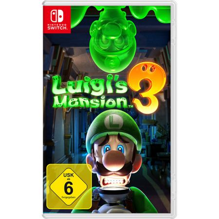 Das Cover von Luigis Mansion 3 für Nintendo Switch zeigt einen verängstigten Luigi und einen grünen Geist über ihm.
