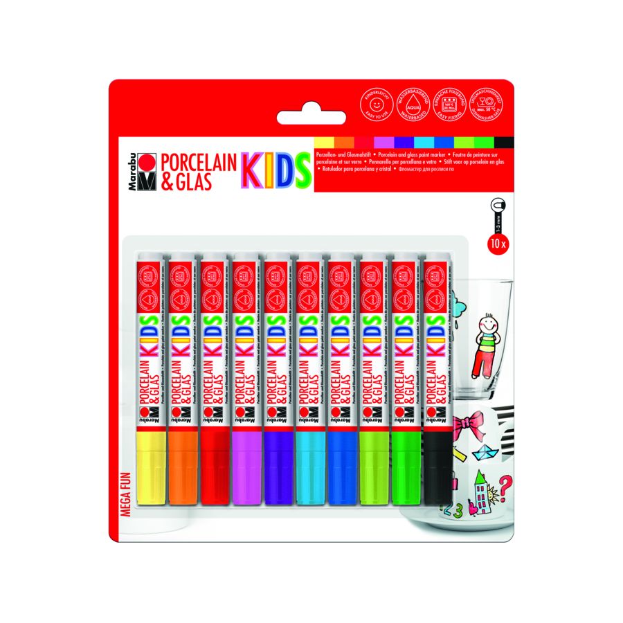 10er-Pack bunte Porzellan- und Glasmarker für Kinder in einer rot-weißen Verpackung. 10er-Pack bunte Porzellan- und Glasmarker für Kinder in einer rot-weißen Verpackung.