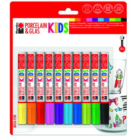 10er-Pack bunte Porzellan- und Glasmarker für Kinder in einer rot-weißen Verpackung. 10er-Pack bunte Porzellan- und Glasmarker für Kinder in einer rot-weißen Verpackung.