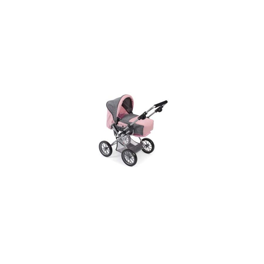Rosa-grauer Kinderwagen mit Verdeck und vier großen Rädern vor weißem Hintergrund. Rosa-grauer Kinderwagen mit Verdeck und vier großen Rädern vor weißem Hintergrund.