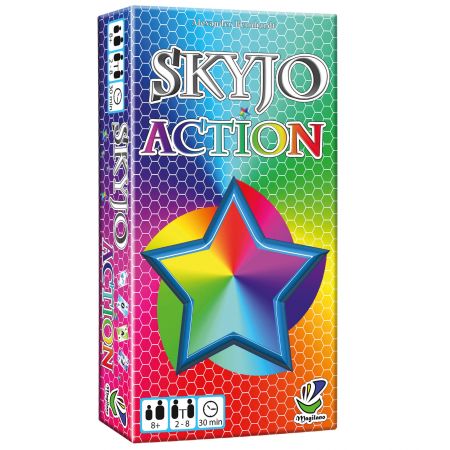 Skyjo Action Spielschachtel mit buntem Hintergrund und einem 3D-Stern auf der Vorderseite.