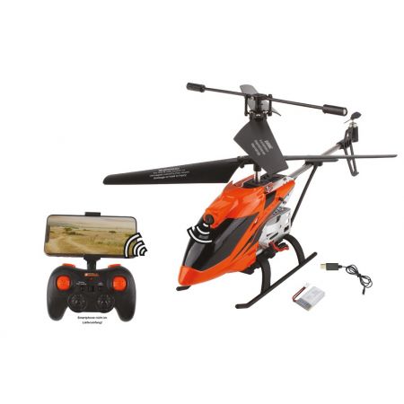 Oranger ferngesteuerter Helikopter mit Kamera, Fernbedienung mit Handyhalter, Akku und Ladekabel abgebildet.