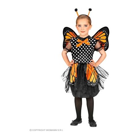 Kind im Monarchfalter-Kostüm mit orangefarbenen Flügeln, schwarzem Tutu und Fühler-Stirnband.
