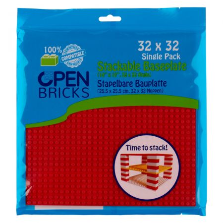 Blaue Verpackung mit roter Open Bricks Stapel-Basisplatte (32x32 Noppen), incl. Stapelanleitung.
