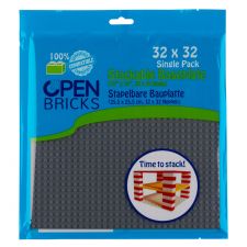 Blaue Verpackung mit Open Bricks 32x32 stapelbarer Grundplatte für Bausteine, Einzelpackung.
