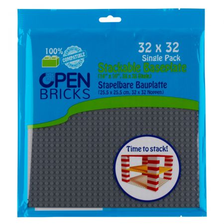 Blaue Verpackung mit Open Bricks 32x32 stapelbarer Grundplatte für Bausteine, Einzelpackung.