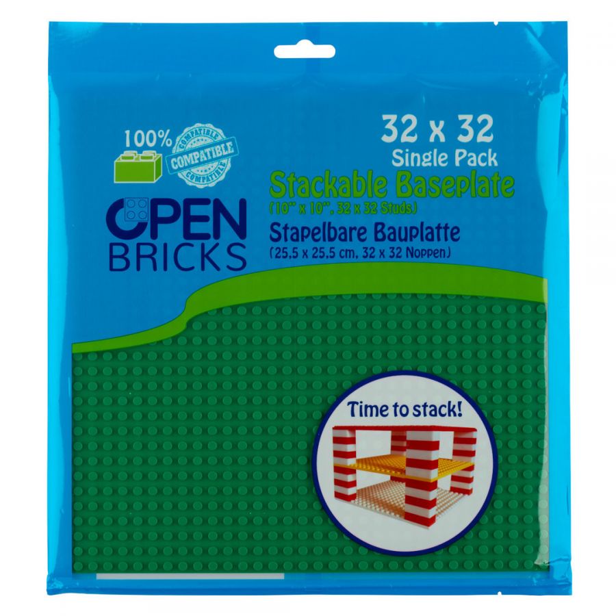 Open Bricks Paket: grüne stapelbare Grundplatte (32x32 Noppen) mit Abbildung von Bausteinen.