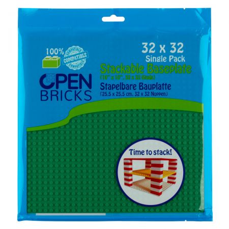 Open Bricks Paket: grüne stapelbare Grundplatte (32x32 Noppen) mit Abbildung von Bausteinen.