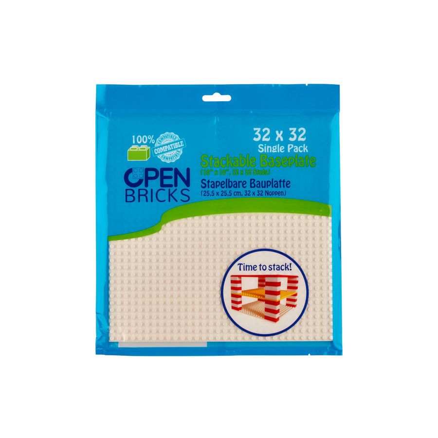 Open Bricks 32x32 stapelbare weiße Grundplatte in blauer Verpackung mit dem Aufdruck Time to stack!.