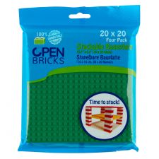 Blaues Open Bricks Paket mit vier stapelbaren, grünen Baubaseplates (20x20 Noppen) für Bauklötze.