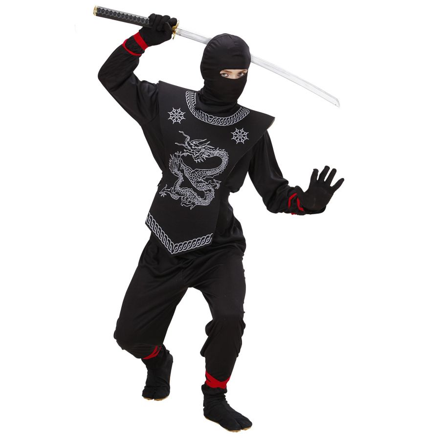 SCHWARZER NINJA" 116 - (Oberteil mit Bändern, Hose mit Bändern, Brustschutz, Maske)