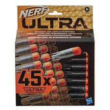 Nerf Ultra Nachfüllpackung mit 45 Schaumstoffpfeilen mit orangefarbenen Spitzen auf der Vorderseite der Box.