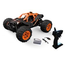 Orange-schwarzes RC-Offroad-Auto mit großen Reifen, Akku, Ladegerät und Fernbedienung.
