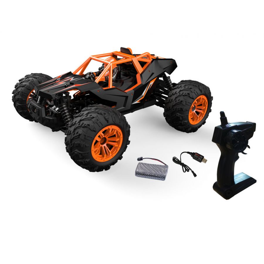 Orange-schwarzes RC-Offroad-Auto mit großen Reifen, Akku, Ladegerät und Fernbedienung.