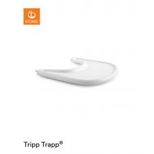 Weißes Stokke Tripp Trapp Tablett mit gebogener Aussparung vor weißem Hintergrund.