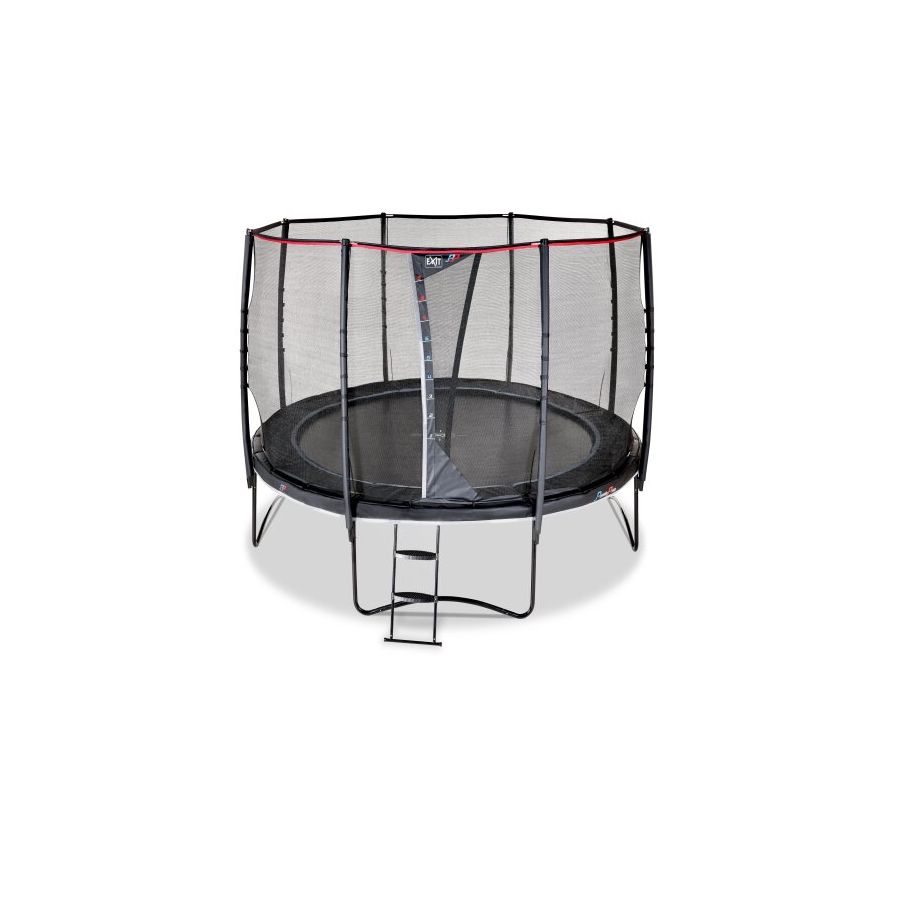 Rundes Trampolin mit Sicherheitsnetz und einer kleinen Leiter vorne. Rundes Trampolin mit Sicherheitsnetz und einer kleinen Leiter vorne.