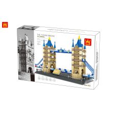 Schachtel eines Tower-Bridge-Bausatzes mit Bild des Modells und Foto der echten Brücke.