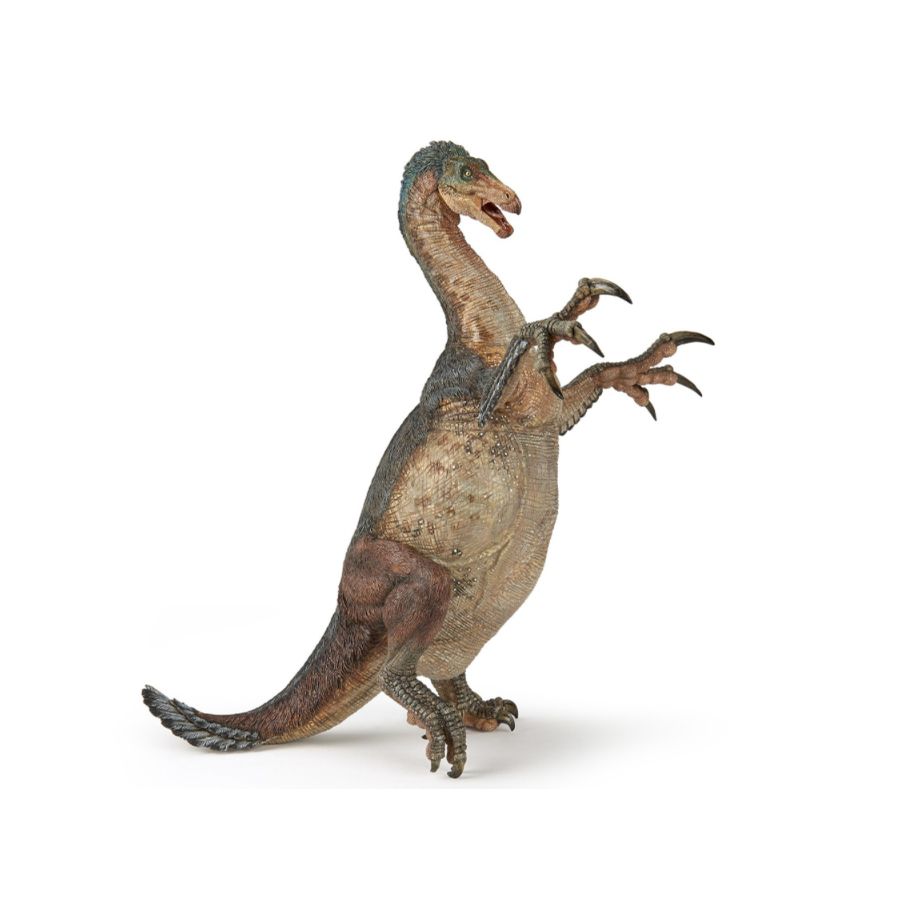 Ein Modell eines Therizinosaurus steht aufrecht mit erhobenen Klauen und geöffnetem Maul.