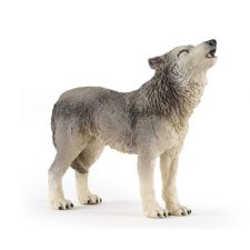 Eine realistische Wolf-Figur steht heulend aufrecht, vor weißem Hintergrund isoliert.