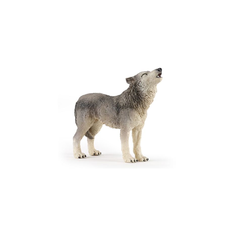 Eine realistische Wolf-Figur steht heulend aufrecht, vor weißem Hintergrund isoliert.