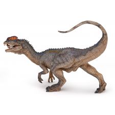 Ein realistisches Modell eines zweibeinigen Dinosauriers mit rauer, grauer Haut und langem, gebogenem Schwanz.