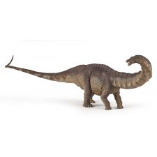 Braunes Dinosauriermodell mit langem Hals und Schwanz vor weißem Hintergrund.