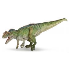 Grün-braune Dinosaurierfigur mit unebener Haut, kurzen Armen und offenem Maul, nach links blickend.
