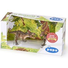 Papo-Set mit zwei Dinosaurier-Figuren, im Karton mit Blatt-Hintergrund und Sonderangebots-Aufkleber.