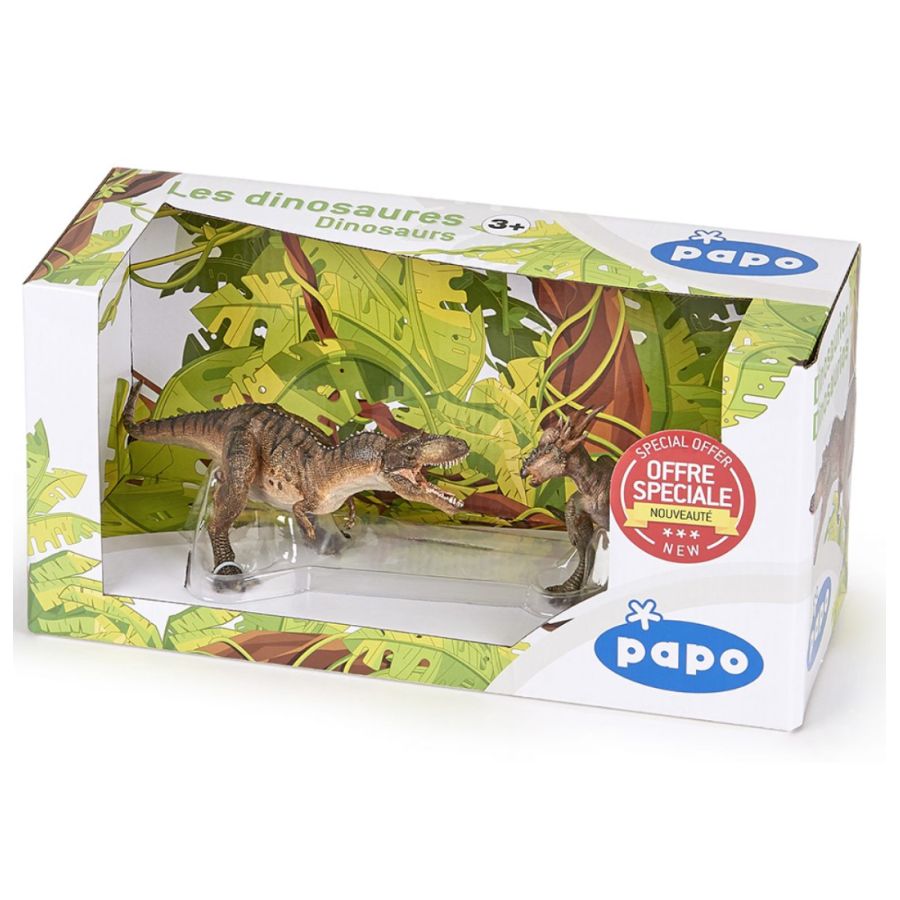 Papo-Set mit zwei Dinosaurier-Figuren, im Karton mit Blatt-Hintergrund und Sonderangebots-Aufkleber.