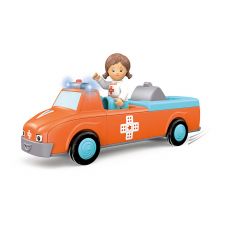Spielzeug-Krankenwagen mit Blaulicht, weiblicher Figur in Weiß und lachendem Gesicht auf dem Wagen.