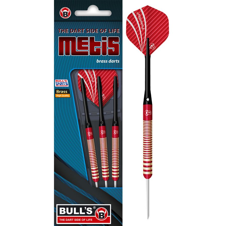 Verpackung Bulls Metis Brass-Darts mit drei roten und silbernen Darts sowie roten Flights. Verpackung Bulls Metis Brass-Darts mit drei roten und silbernen Darts sowie roten Flights.