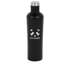 Schwarze Trinkflasche mit silbernem Deckel, weißem Gesicht und dem Schriftzug KATTBJØRN.