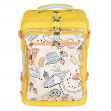 Gelber Rucksack mit Fronttasche, verziert mit Sommer-Snacks wie Wassermelone und Eis.