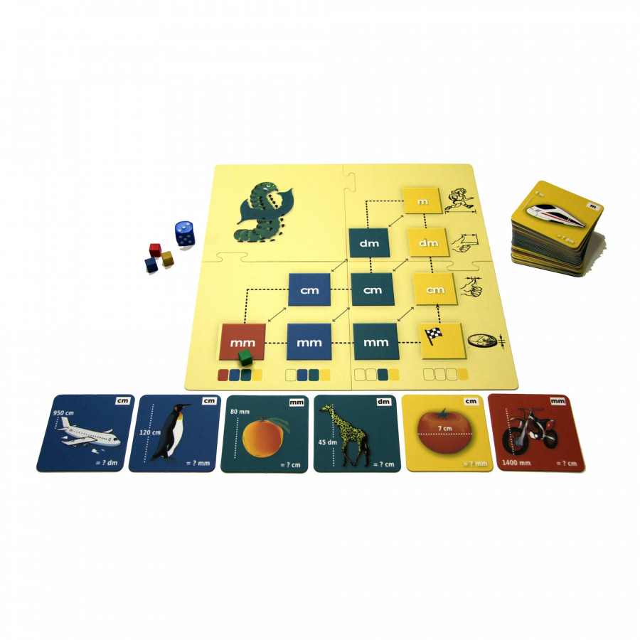 Lernspiel mit Karten, Würfel, farbigen Spielsteinen und einem Puzzlebrett zu metrischen Maßeinheiten. Lernspiel mit Karten, Würfel, farbigen Spielsteinen und einem Puzzlebrett zu metrischen Maßeinheiten.