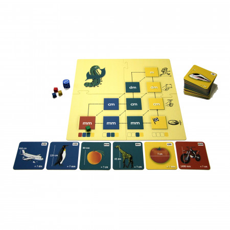 Lernspiel mit Karten, Würfel, farbigen Spielsteinen und einem Puzzlebrett zu metrischen Maßeinheiten. Lernspiel mit Karten, Würfel, farbigen Spielsteinen und einem Puzzlebrett zu metrischen Maßeinheiten.